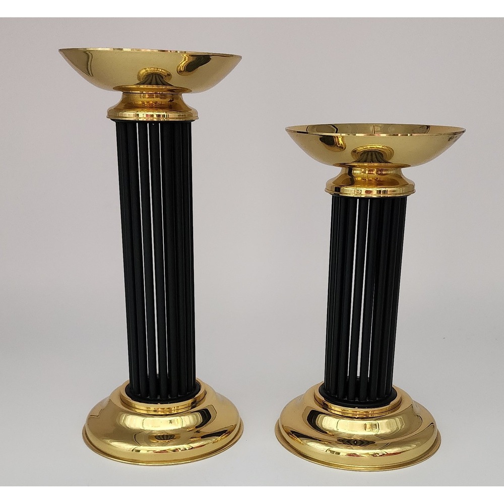 Vtg Decorative Crafts Inc Hollywood Regency Brass Black Pillar Candle Holders